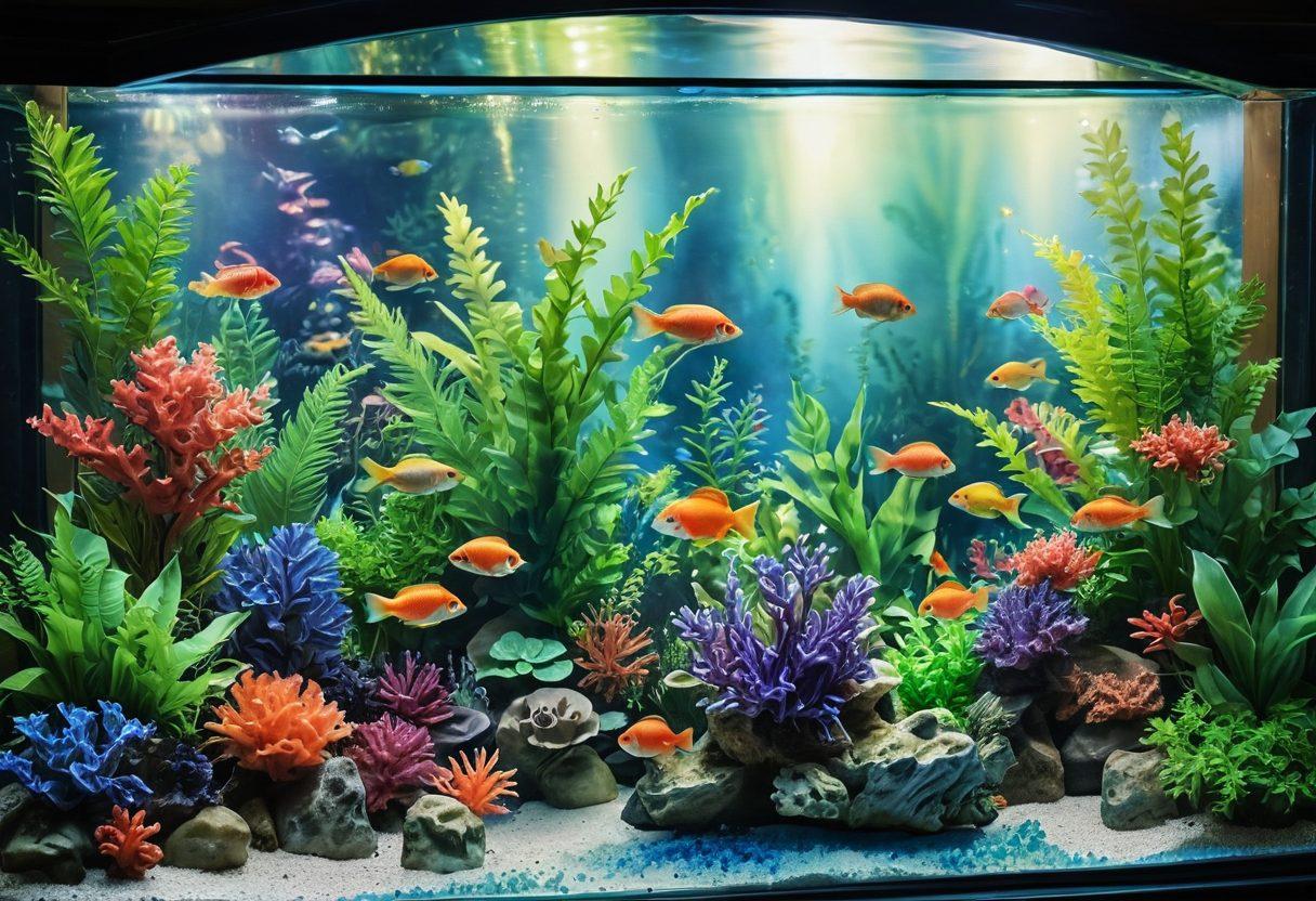 A beautifully designed aquarium filled with vibrant tropical fish, lush green plants, and colorful coral. Soft lighting highlights the sparkling water, creating a serene atmosphere. Include a passionate aquarist joyfully arranging the elements with care, embodying dedication and creativity. The background features a cozy home setting with artful decorations. watercolor painting. vibrant colors. softly blurred background.