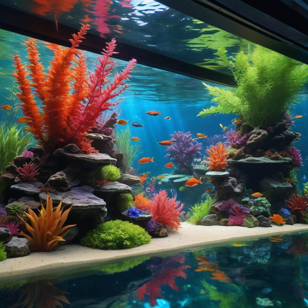 A serene underwater scene showcasing a beautifully designed aquarium filled with colorful fish, lush aquatic plants, and vibrant coral structures, symbolizing love and passion for aquarists. Soft rays of sunlight penetrate the water, creating a magical atmosphere. Include an aquarist lovingly setting up the aquarium, surrounded by tools and decorations for the ideal setup. The scene should evoke warmth and creativity, inviting viewers to dive into the world of aquarium building. vibrant colors. super-realistic. 3D.