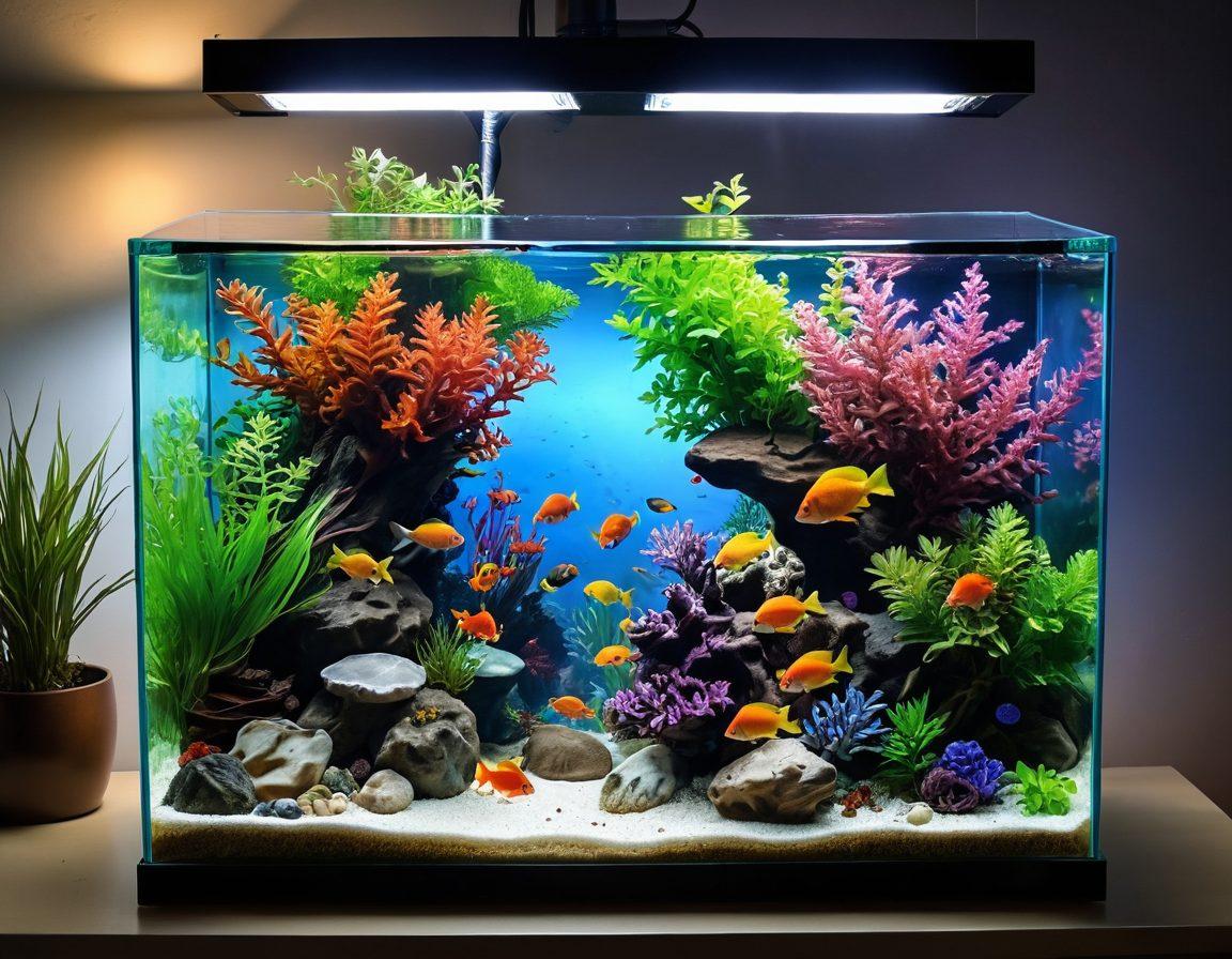 A beautifully arranged fish tank filled with colorful fish swimming among vibrant aquatic plants, featuring a variety of unique decorations like rocks and coral. Soft, ambient lighting illuminates the scene, creating a peaceful underwater atmosphere. Include a person carefully maintaining the tank, showcasing tools and techniques for upkeep. The background can include a cozy room setting to evoke warmth and passion for fishkeeping. super-realistic. vibrant colors. peaceful ambiance.